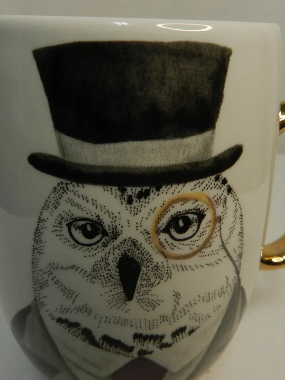 Pier 1 One Vintage Owl bird Mug Cup suit top hat 22 oz ceramic gold handle